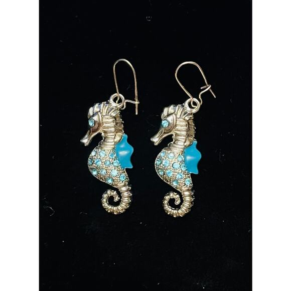 Silver & Turquiose Crystals Seahorse Earrings - Picture 1 of 3